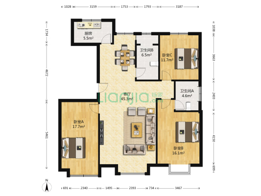 海明园东区 3室1厅2卫 141平方