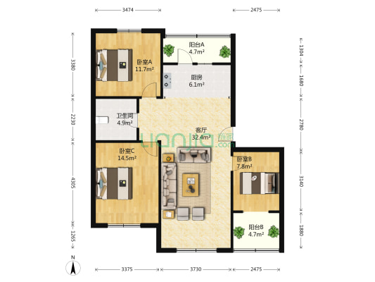 滨才城四期 3室1厅1卫 103平方