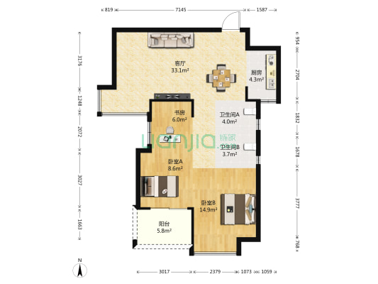大儒世家朗园 3室1厅2卫 91平方