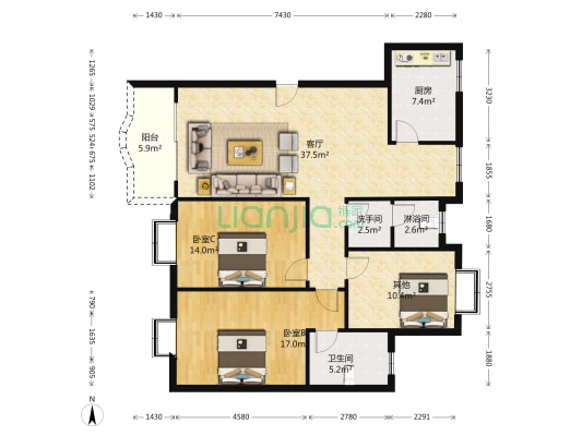 友诚九龙湖畔 2室1厅3卫 136平方