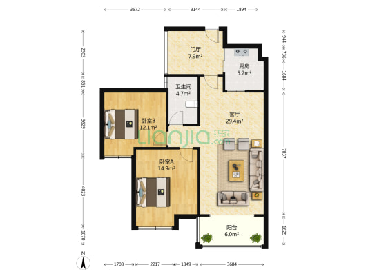 首城国际 2室1厅1卫 89平方