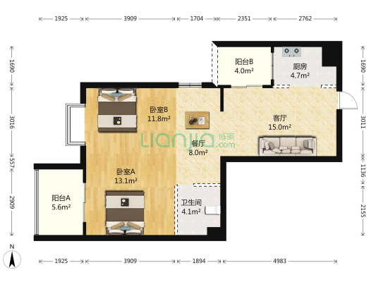 金帝天澜 2室2厅1卫 87平方
