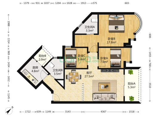 香逸名园 3室1厅2卫 103平方