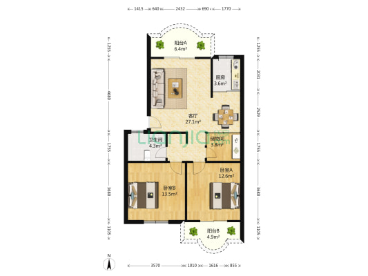 吕岭花园 2室1厅1卫 84平方