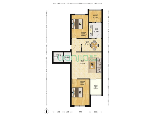 西安胡同 2室2厅2卫 106平方