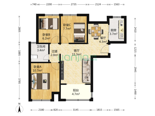 泰宏建业国际城11号院 3室2厅1卫 89平方