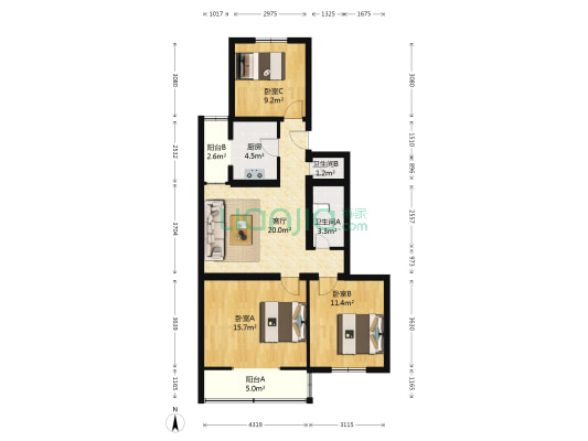 老墙根38号院 3室1厅2卫 91平方