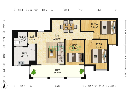 一品天成 3室1厅1卫 89平方