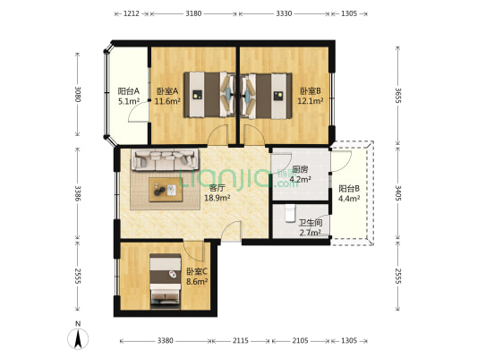 静安大院 3室1厅1卫 84平方