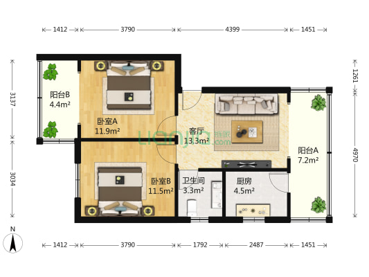 梨花街1号 2室1厅1卫 75平方