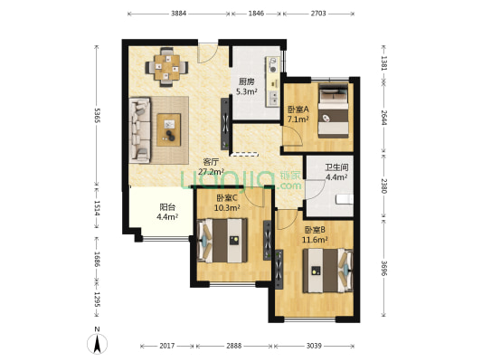 高科绿水东城四期 3室1厅1卫 84平方