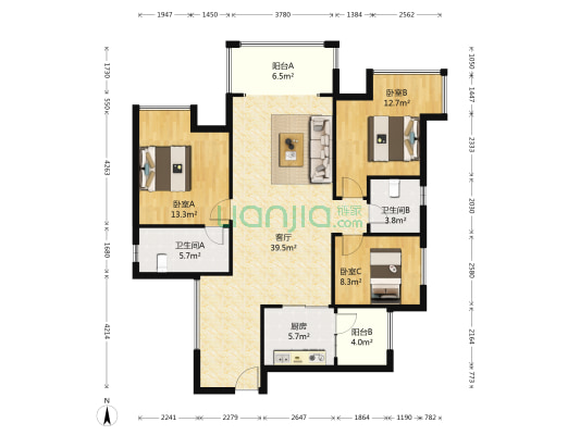 天府美岸 3室1厅2卫 100平方