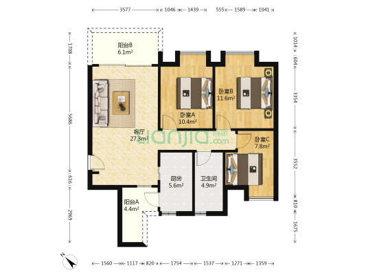 新塘新世界花园万象苑 3室1厅1卫 94平方