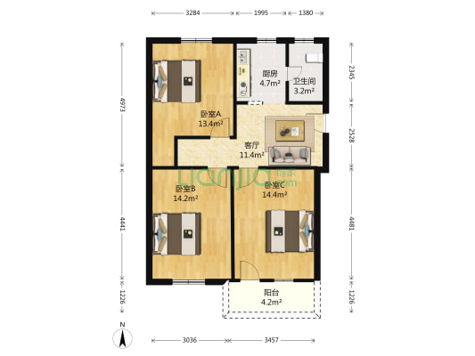 黎明新村怡园 3室1厅1卫 86平方