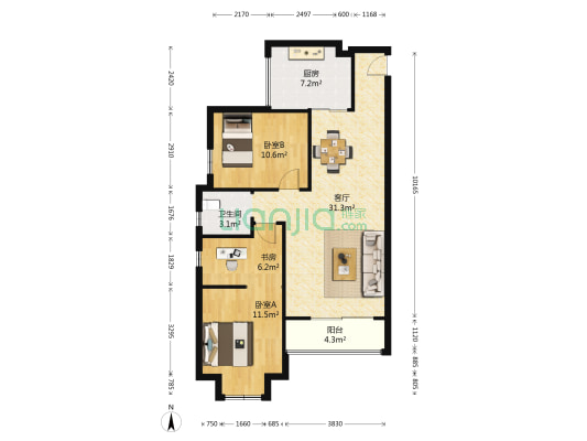 宫和碧水云天 3室1厅1卫 90平方