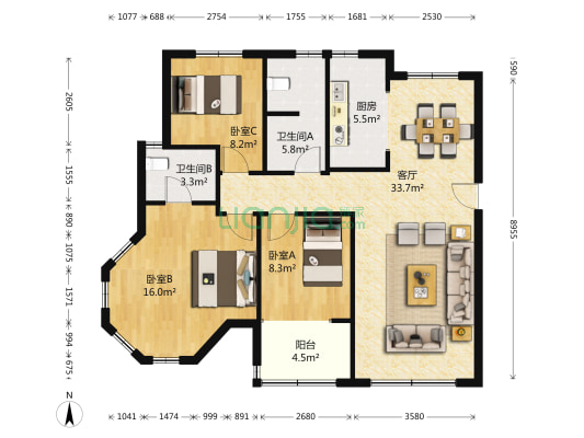 华皓汉峪小区一区 3室1厅2卫 127平方