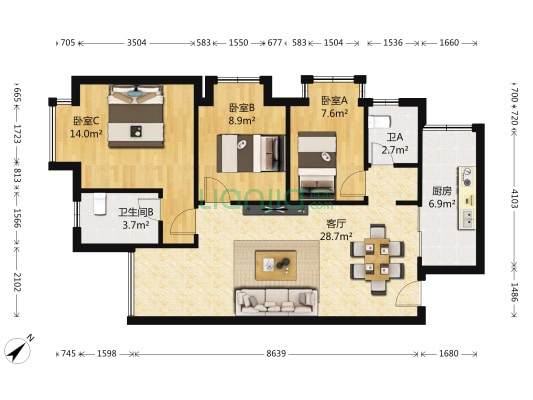 花果园Q区 3室1厅2卫 68平方
