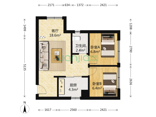 蓝润V客东都一期 2室1厅1卫 56平方