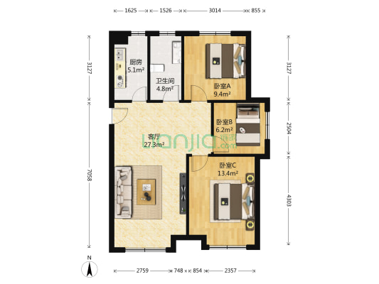 青秀蓝湾二期 3室1厅1卫 94平方