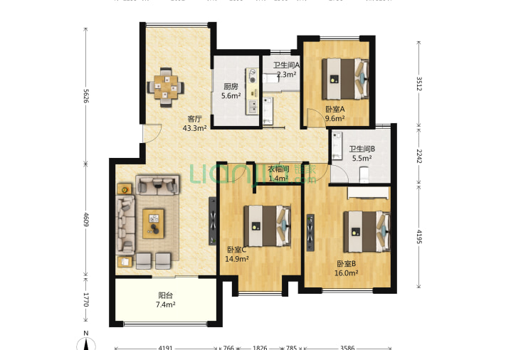 3室1厅2卫129.05㎡-南京雍景园小区户型图