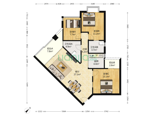 万盛苑 3室1厅2卫 105平方