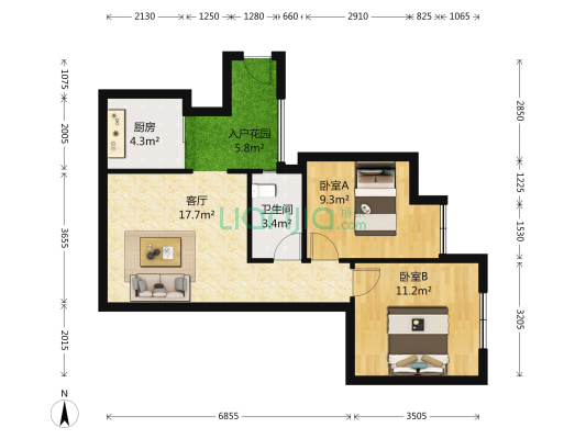 领地凯旋天域 2室1厅1卫 66平方