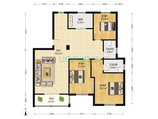东河丽景 3室1厅2卫 136平方