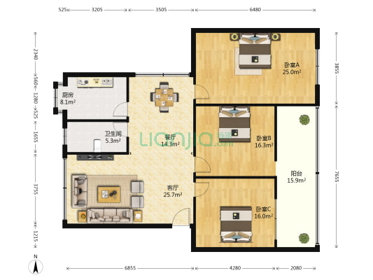 锦宇公司四季公寓 3室2厅1卫 144平方