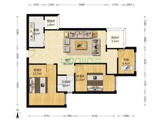金科天元道一期三组团 3室1厅1卫 86平方
