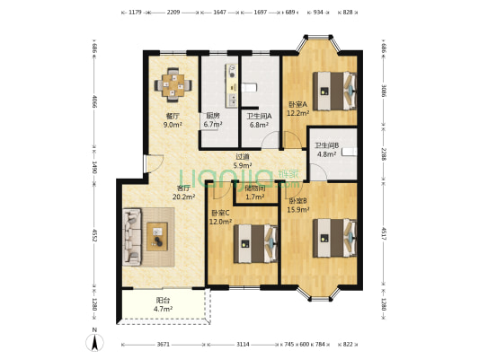乐源城B区 3室2厅2卫 125平方