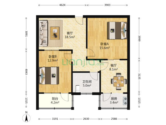 桃园南街1号 2室2厅1卫 80平方
