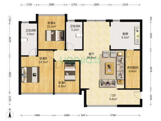 锦绣大地 4室1厅2卫 120平方