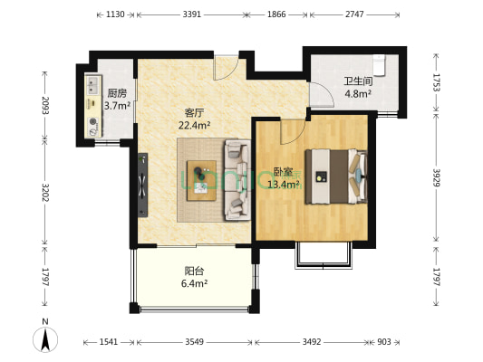国贸润园 1室1厅1卫 64平方