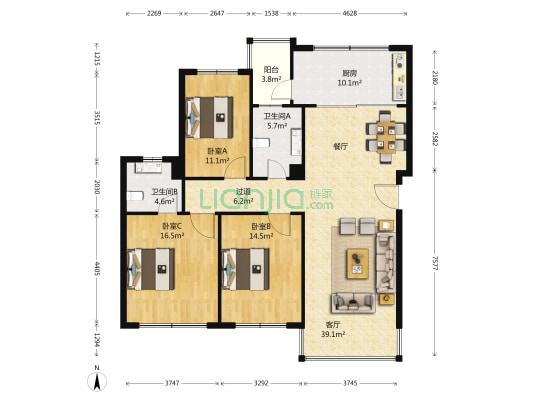 华良海景花园 3室1厅2卫 129平方