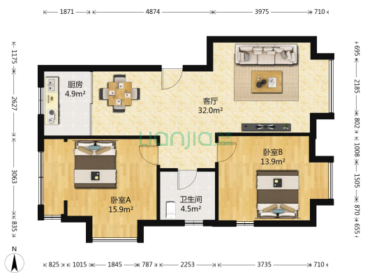 揽涛轩 2室1厅1卫 89平方