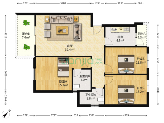 天海花园 3室1厅2卫 112平方