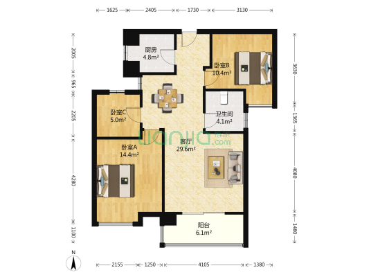 长航蓝晶绿洲三期 3室1厅1卫 94平方