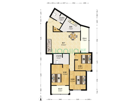 新荣家园 3室1厅2卫 140平方