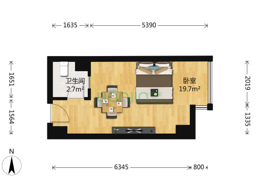 珍崗大廈 1室0廳1衛 35平方臥室19.71平米南,東落地窗衛生間2.