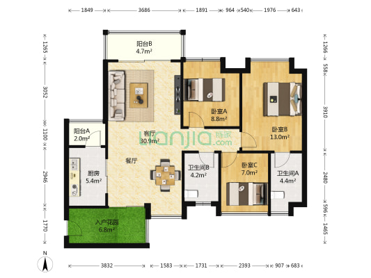 星河盛世 3室1厅2卫 105平方