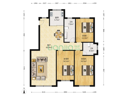 颐景花园 3室1厅2卫 129平方