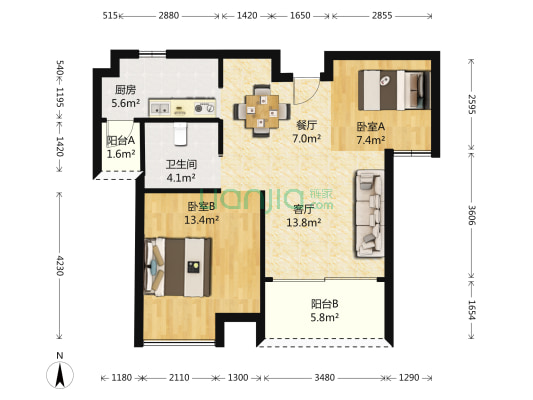 环球东方港城二期 2室2厅1卫 83平方