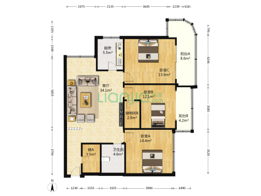 鸿华大厦 3室1厅1卫 134平方