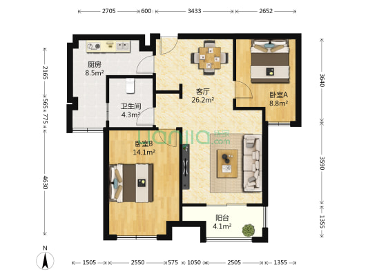珑璟轩 2室1厅1卫 87平方