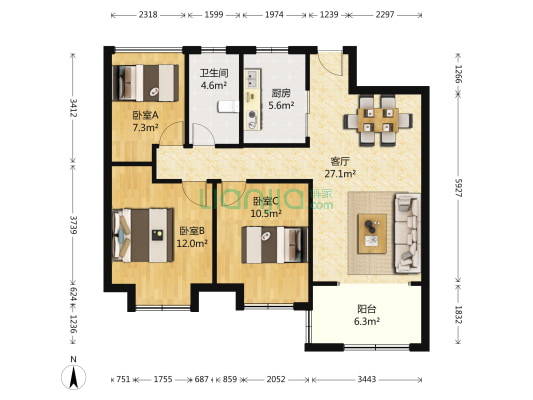 琨公馆 3室1厅1卫 89平方