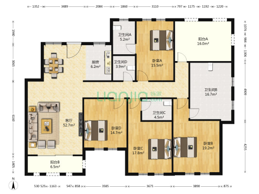 吴越祥院 4室1厅4卫 216平方