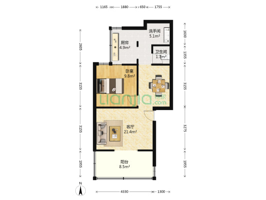 一丘田8号 1室1厅2卫 46平方