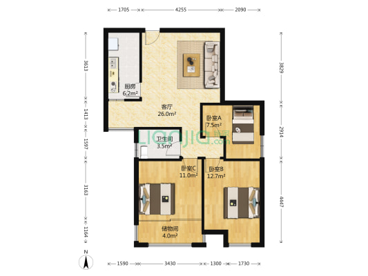 国宾中心 3室1厅1卫 89平方