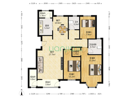 河畔新城五期 3室2厅2卫 130平方