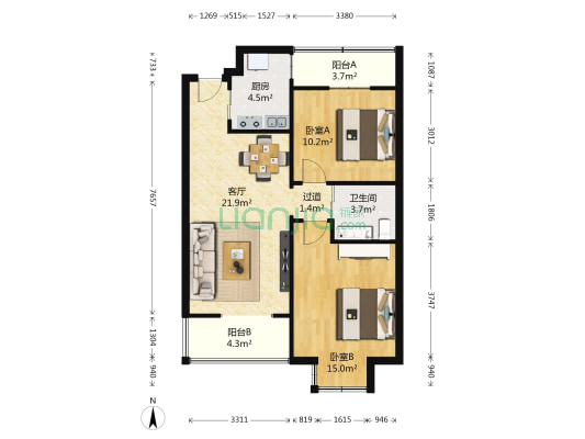 西堤国际 2室1厅1卫 92平方
